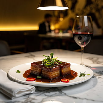 Gourmet Pork Belly with Red Wine in Fine Dining Restaurant