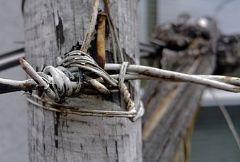 Close-up of rusty barbed wire on weathered wooden post