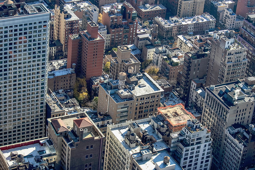 Aerial View of Dense Urban Cityscape with Rooftops