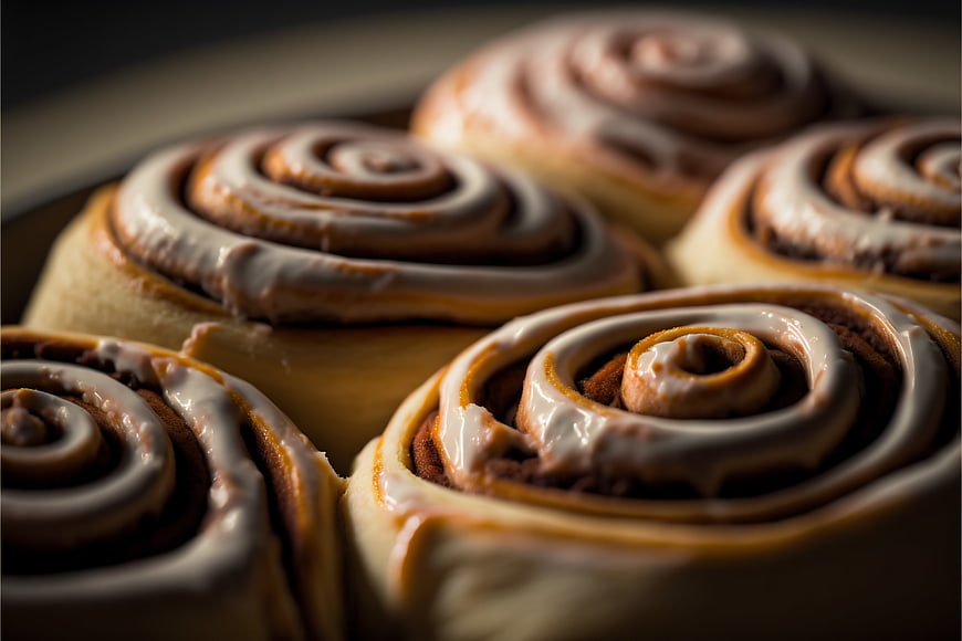 Close-up of glazed cinnamon rolls on a plate