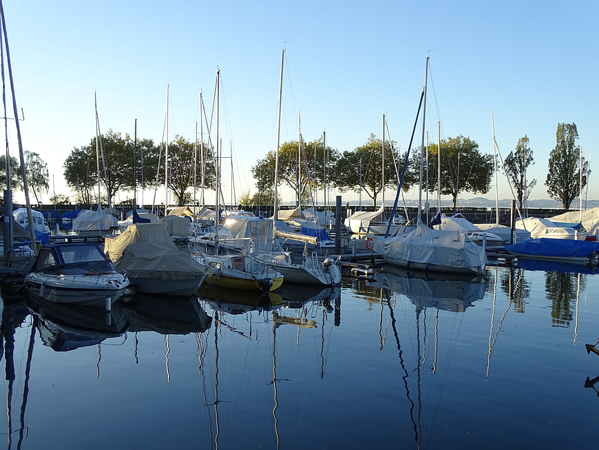 Sailboats docked in calm marina with reflections