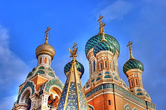 Colorful Onion Domes of Russian Orthodox Church Against Blue Sky