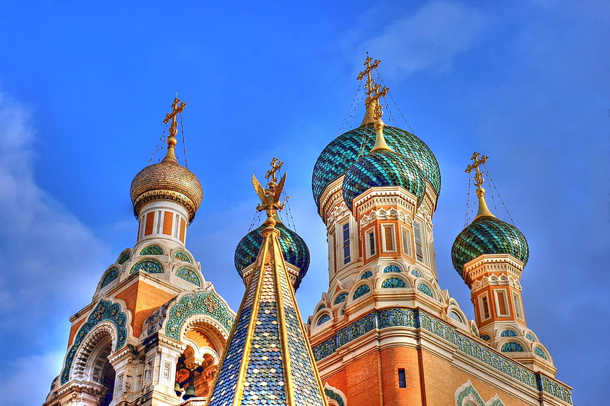 Colorful Onion Domes of Russian Orthodox Church Against Blue Sky