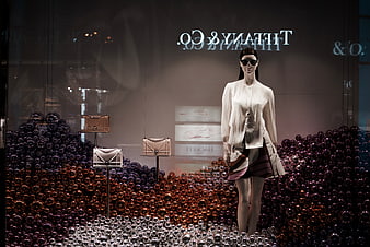Tiffany & Co. luxury window display with mannequin and handbags