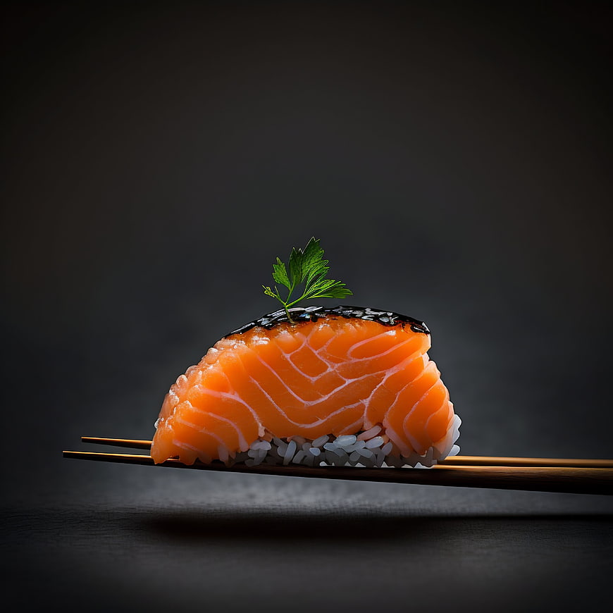 Salmon Nigiri Sushi on Chopsticks Dark Background