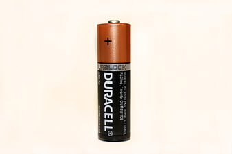 Single Duracell Alkaline Battery Standing Upright On White Background