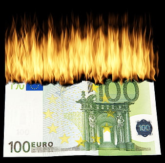 100 Euro Banknote Burning With Flames On Black Background