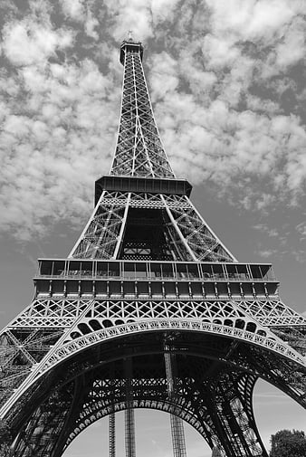 Black and white low angle view of Eiffel Tower Paris