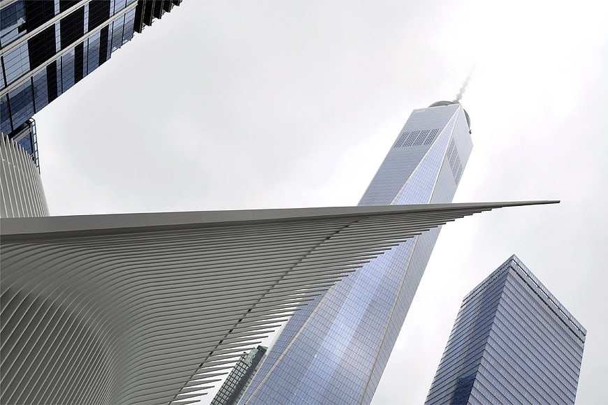 Low angle view of One World Trade Center and Oculus