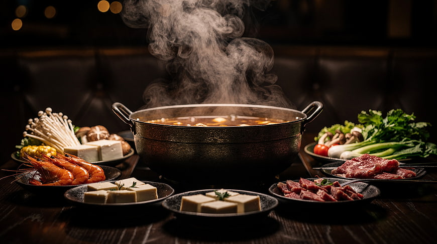 Steaming Hot Pot with Fresh Meat, Seafood, and Vegetables