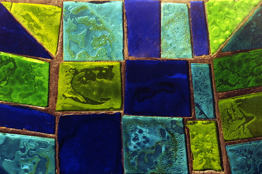 Colorful textured glass mosaic tiles in blue and green