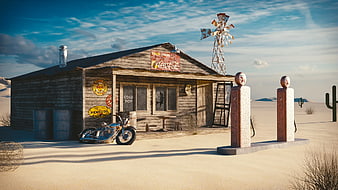 Vintage Desert Gas Station with Motorcycle and Windmill