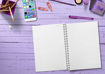 Purple Workspace Flat Lay with Open Notebook and Smartphone
