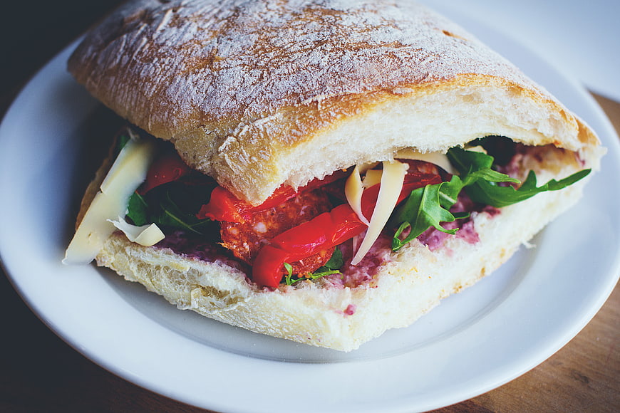 Artisan Ciabatta Sandwich with Roasted Peppers and Arugula