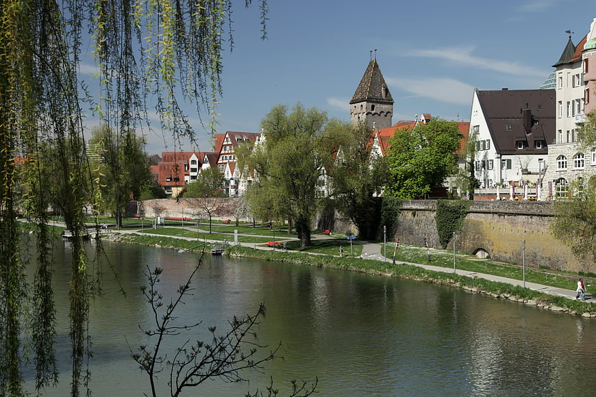 Scenic View of Ulm Danube Riverbank with Historic Tower