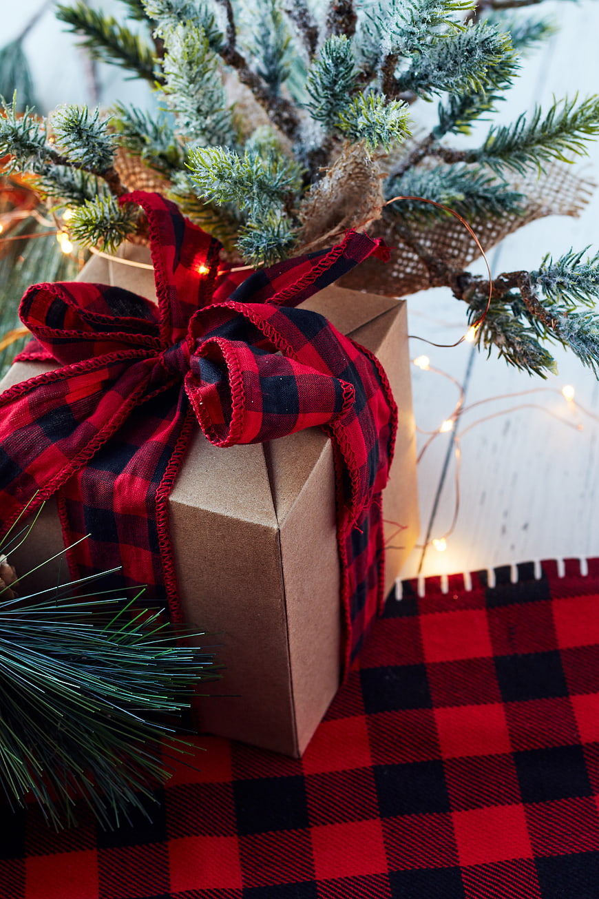 Rustic Christmas Gift Box with Plaid Ribbon and Pine Branches