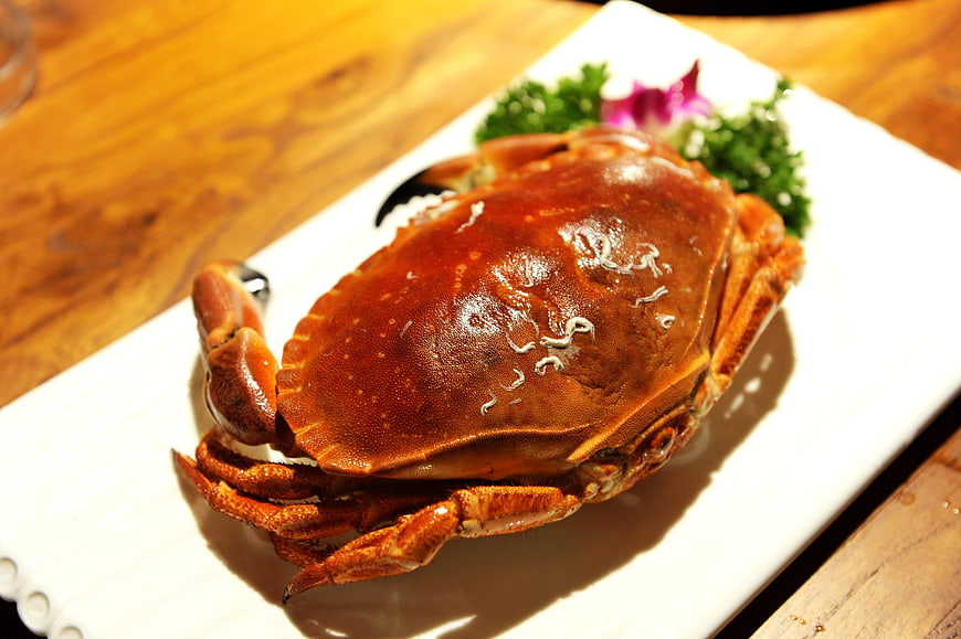 Steamed crab on white plate with garnish