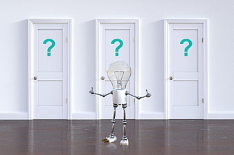 Light Bulb Robot Standing Before Three Doors With Question Marks