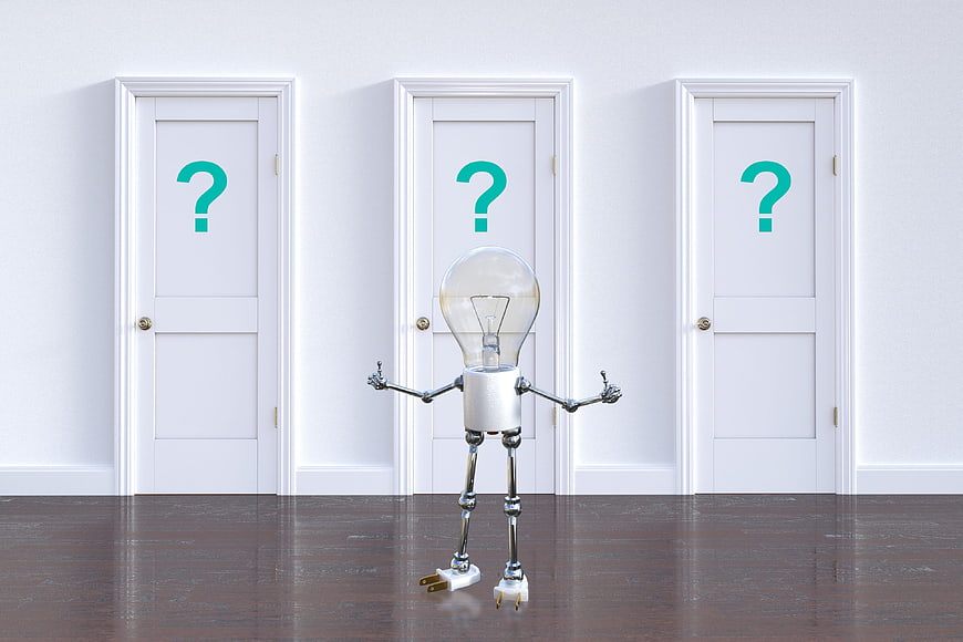 Light Bulb Robot Standing Before Three Doors With Question Marks