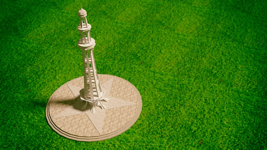 3D Model of Minar-e-Pakistan Monument on Green Grass