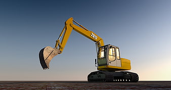Yellow Excavator 3D Rendering Against Gradient Sky