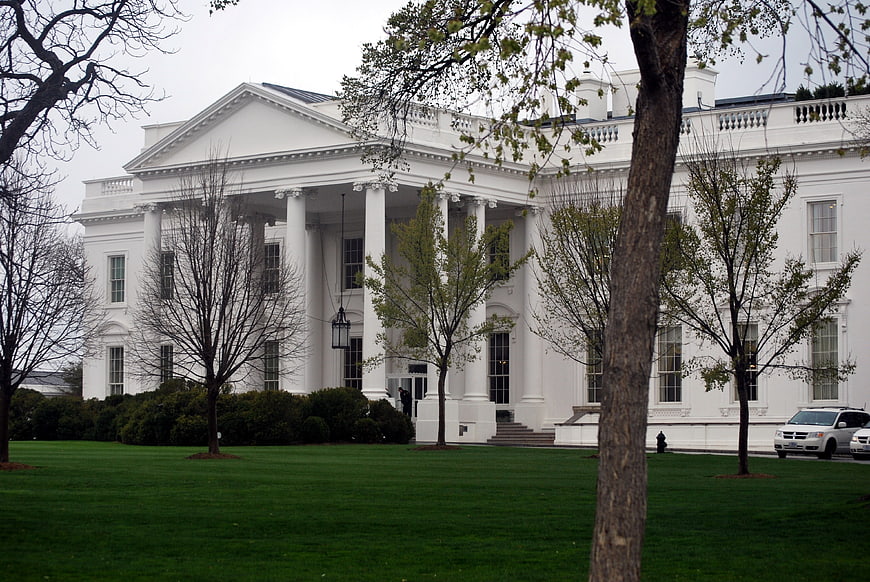 White House South Portico View With Green Lawn And Trees