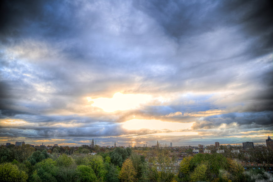 Dramatic HDR Sky Over Groningen Cityscape with Trees