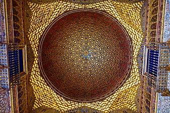 Ornate Golden Dome Ceiling with Red Geometric Patterns