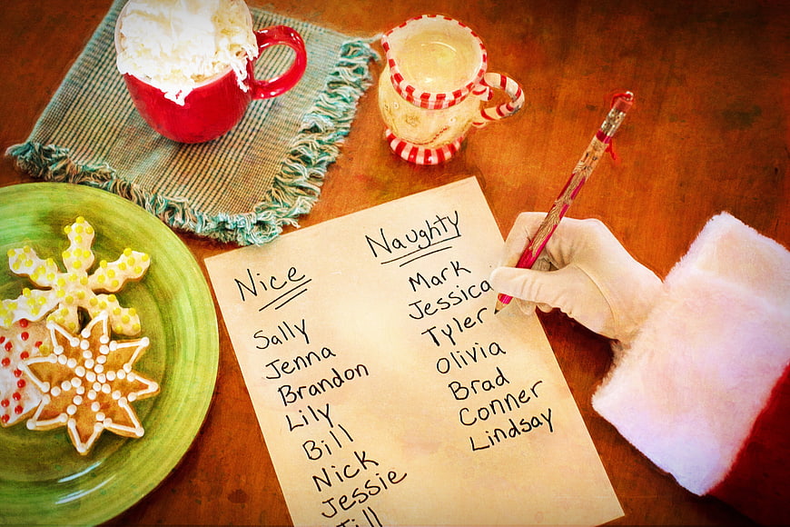 Santa Claus Writing Naughty and Nice List with Cookies