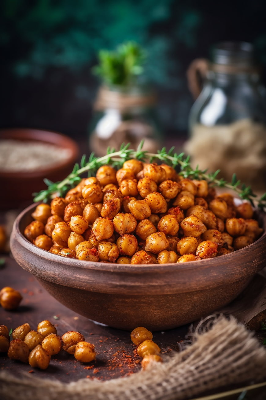 Spiced Roasted Chickpeas in Wooden Bowl