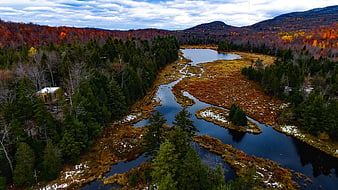 Aerial View of Cabin Near River and Autumn Forest