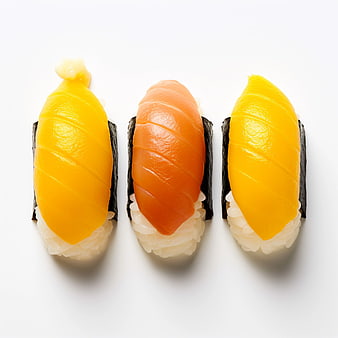 Three pieces of nigiri sushi on white background