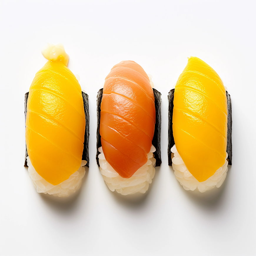 Three pieces of nigiri sushi on white background