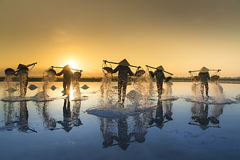 Vietnamese salt farmers harvesting at sunset with reflections