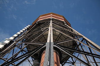 Low angle view of industrial steel water tower structure