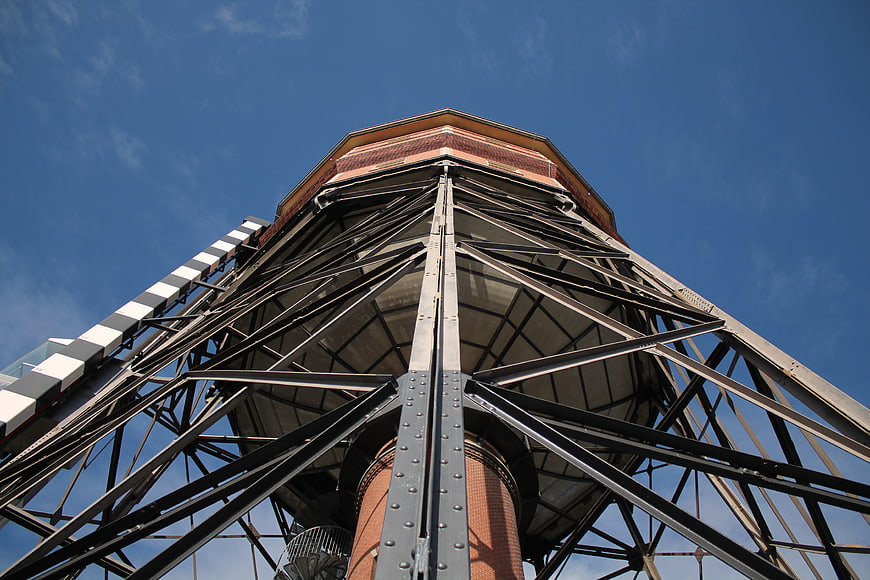 Low angle view of industrial steel water tower structure