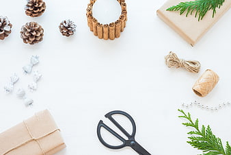 Christmas gift wrapping supplies flat lay with copyspace