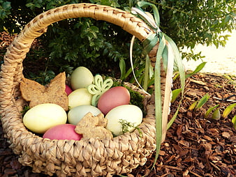 Woven Easter Basket With Pastel Eggs And Cookies In Garden