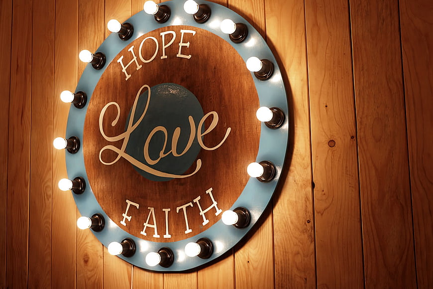 Wooden Hope Love Faith Sign with Light Bulbs