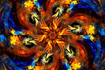 Abstract kaleidoscope pattern with fiery orange and blue swirls