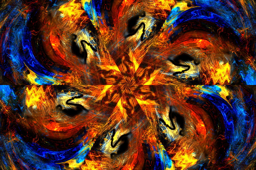 Abstract kaleidoscope pattern with fiery orange and blue swirls