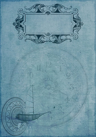 Vintage Blue Blueprint Background With Ornate Frame, Ship, And Clock