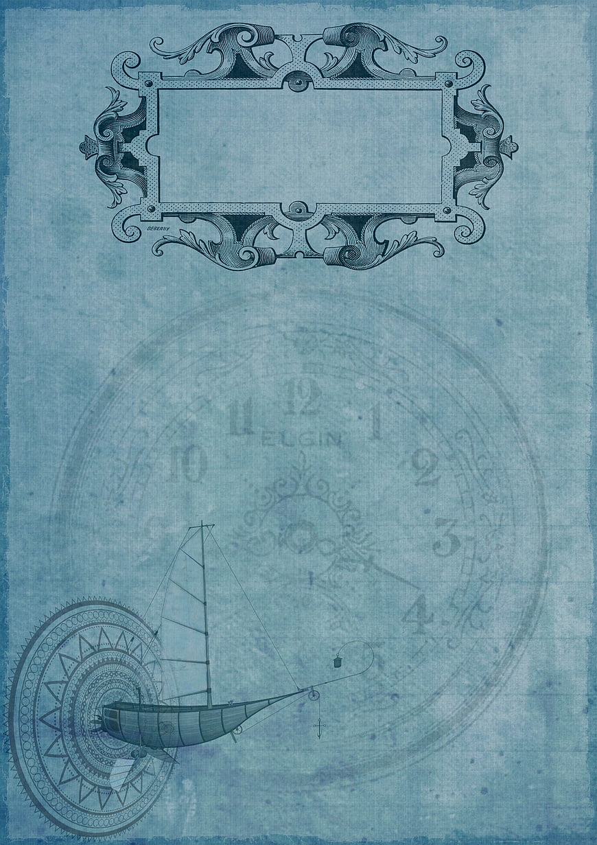 Vintage Blue Blueprint Background With Ornate Frame, Ship, And Clock
