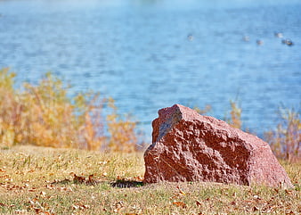 Red granite boulder on grassy lakeshore with blurred water background