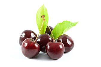 Fresh Red Cherries with Green Leaves on White Background