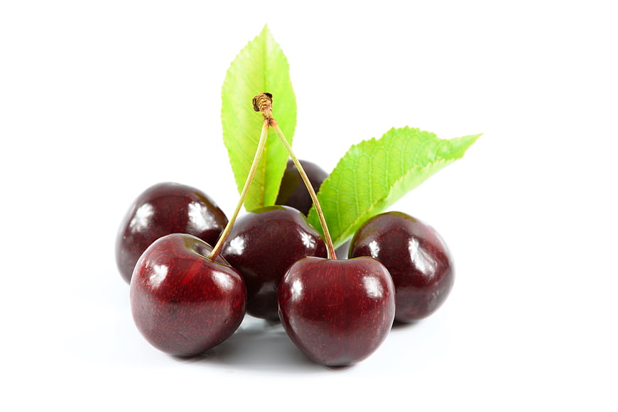 Fresh Red Cherries with Green Leaves on White Background
