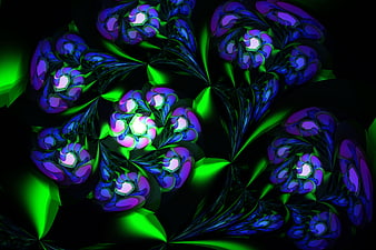 Abstract fractal flower pattern with neon green and purple swirls