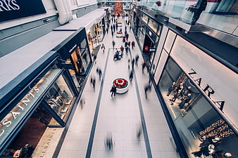High Angle View of Busy Shopping Mall Corridor