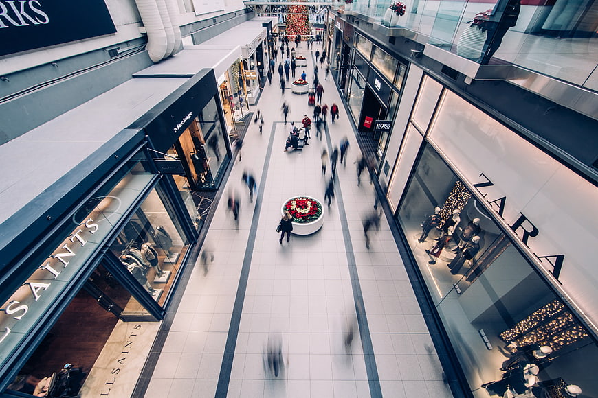 High Angle View of Busy Shopping Mall Corridor