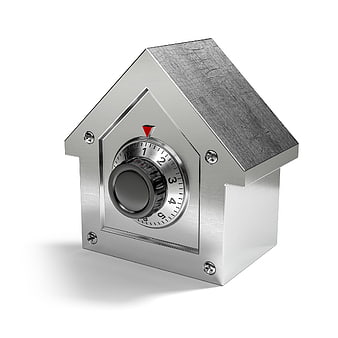 Metal House Safe with Combination Lock on White Background